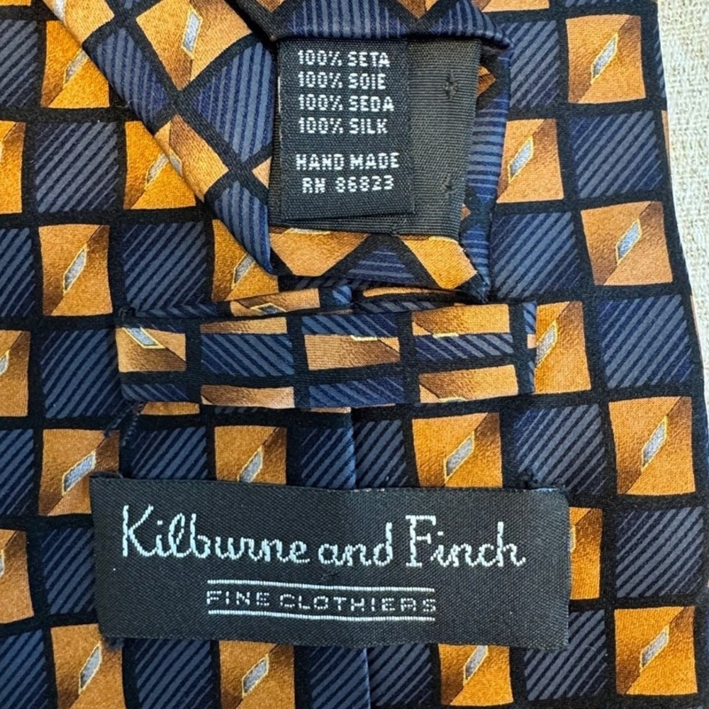 Kilburne and Finch Silk Tie Navy Blue Bronze Geometric Square Hand Made 4 Inch - Picture 2 of 4